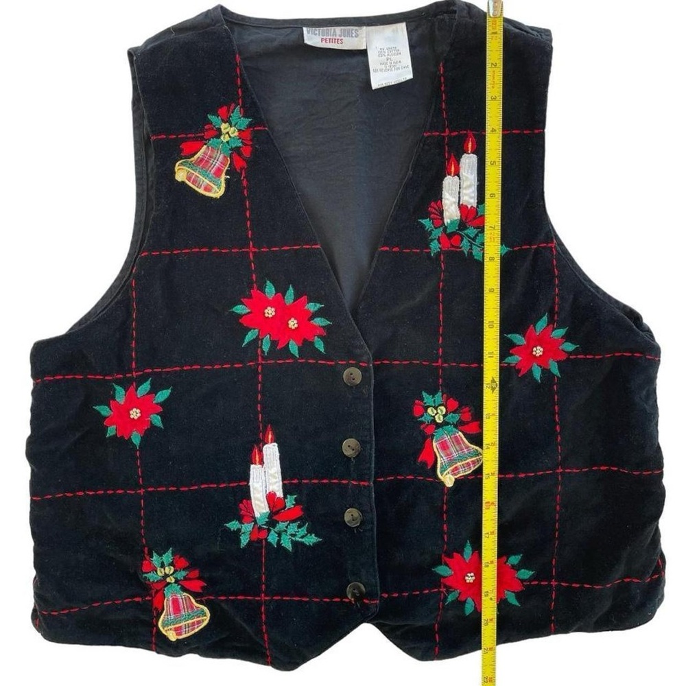 Vintage Victoria Jones Petites Black Velvet Embroidered Christmas Holiday Vest - Picture 4 of 7